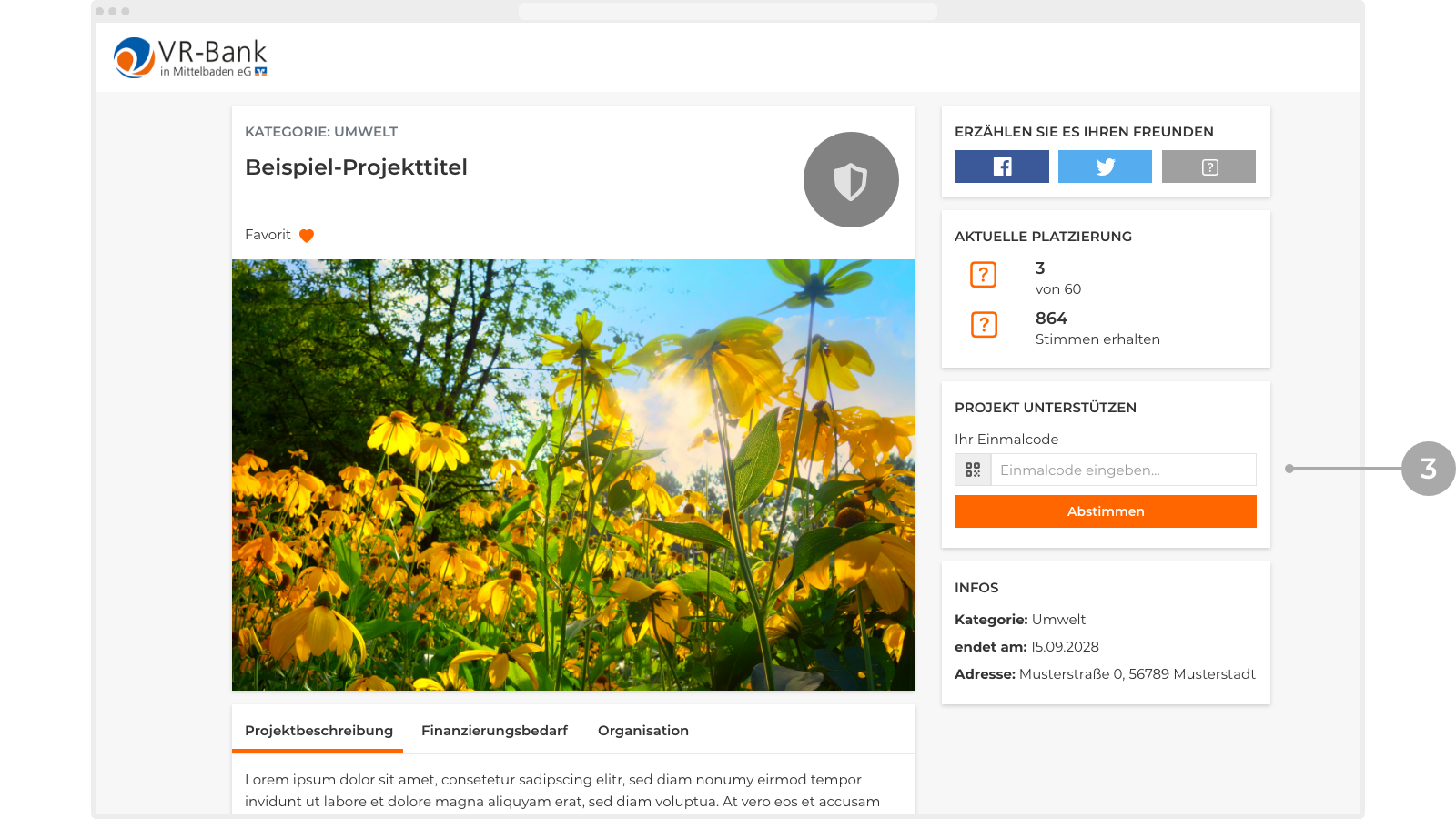 Abbildung: Projektdetailseite mit Eingabefeld zur Verteilung von Stimmen im Bereich 'Projekt unterstützen'.