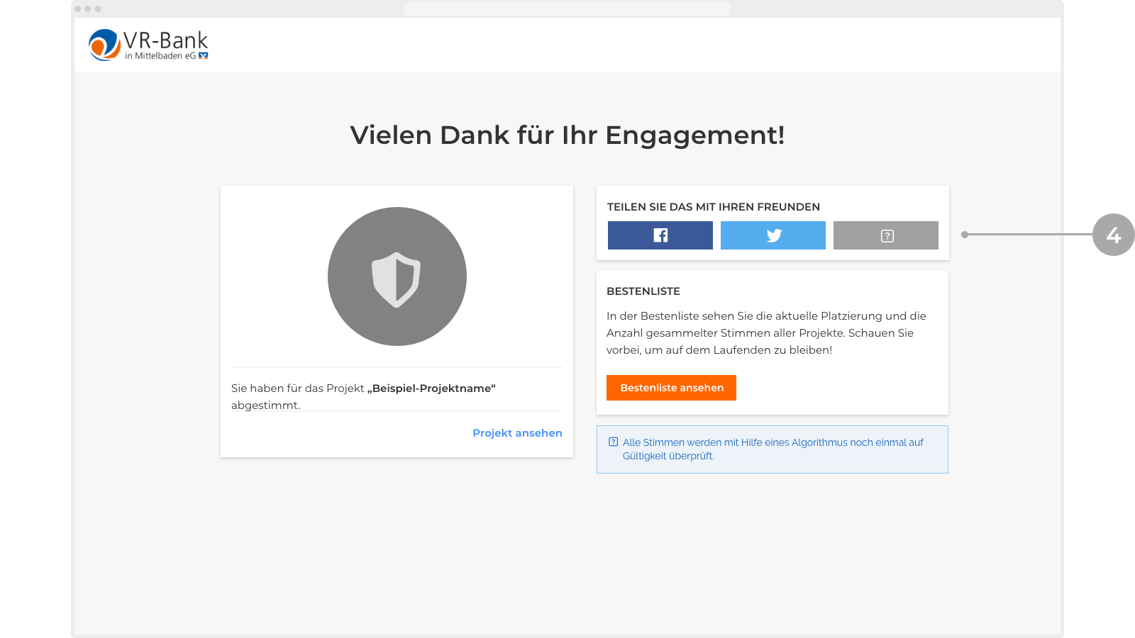 Abbildung: Teilen-Dialog mit Optionen für Facebook, Twitter, E-Mail und WhatsApp.